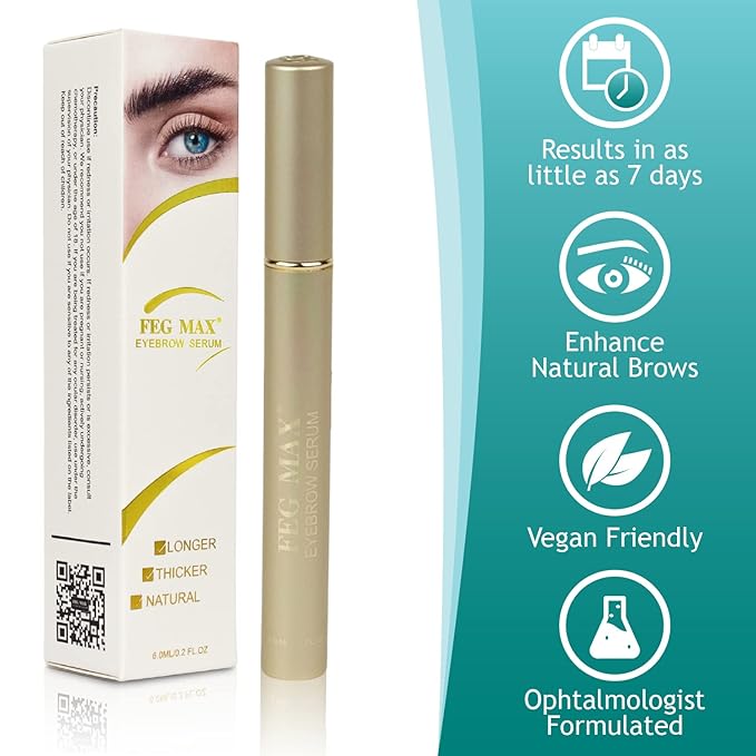 FEG Max Eyebrow Enhancer Growth Treatment Serum | Enhancing to Help Lengthen and Thicken Eyebrows | Non-irritating Brow Serum | 6ml