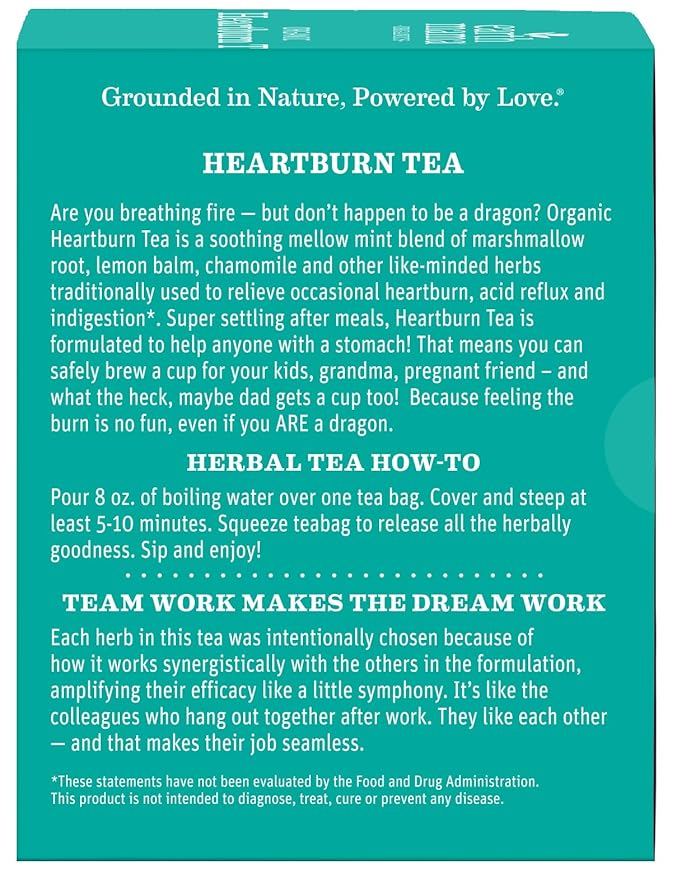 Earth Mama Organic Heartburn Tea | Pregnancy-Safe Soothing Herbal Blend with Marshmallow Root, Lemon Balm & Chamomile, 16 Teabags Per Box (6-Pack)