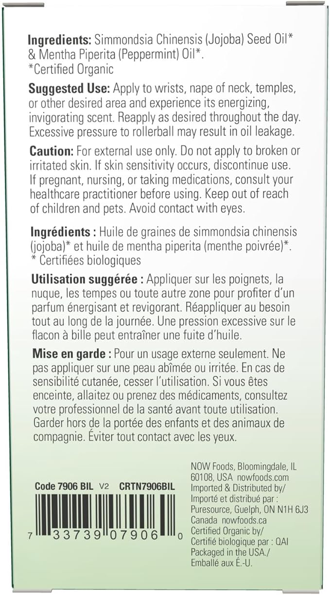 NOW Foods Essential Oils, Peppermint Roll-On, Certified Organic, Energizing Blend, Steam Distilled, Topical Aromatherapy, 10-mL