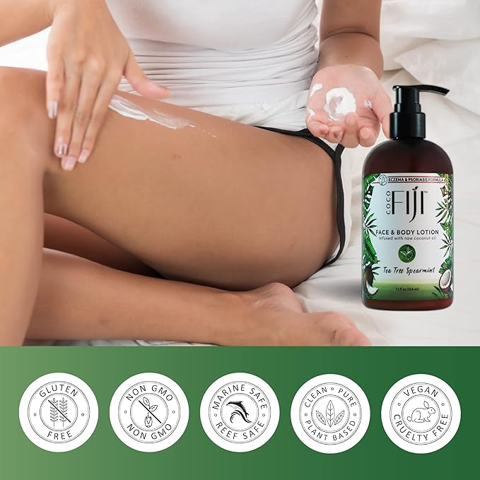 Coco Fiji Face & Body Lotion Infused With Coconut Oil | Lotion for Dry Skin | Moisturizer Face Cream & Massage Lotion for Women & Men | Tea Tree Spearmint 12 oz, Pack of 3