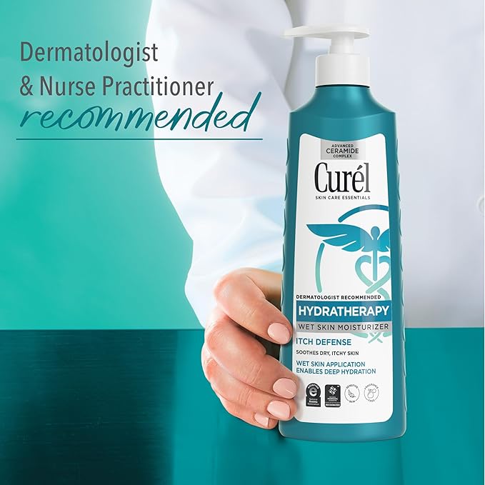 Curel Hydra Therapy, Itch Defense Moisturizer, Wet Skin Lotion, with Advanced Ceramide Complex, Vitamin E, & Oatmeal Extract, Helps to Repair Moisture Barrier, 12 Oz