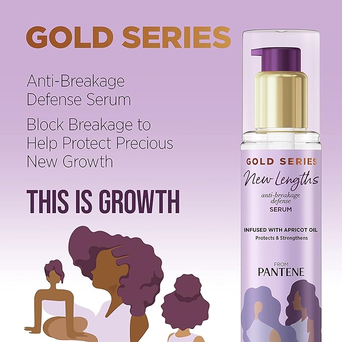 Pantene Gold Series New Lengths Anti-Breakage Defense Serum, Infused with Apricot Oil, Protects & Strengthens, for Natural, Textured, Curly, Coily Hair, Sulfate Free, 3 Fl Oz (Pack of 2)