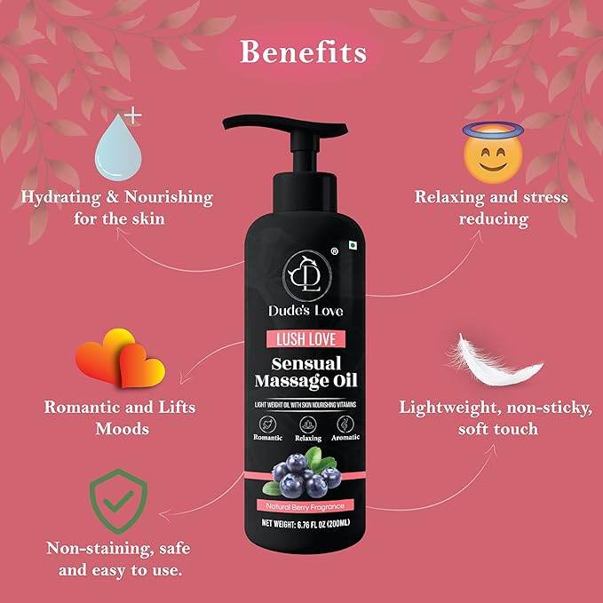 Organic - Edible Berry Sensual Massage Oil for Couple - Edible | No Stain & Non-Sticky | with Coconut Oil, Natural Lime & Juniper Berry.