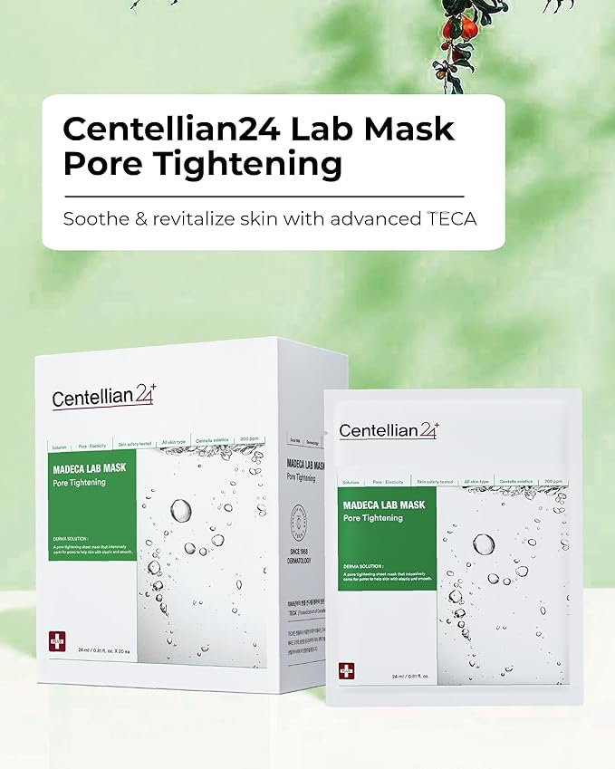 CENTELLIAN 24 Madeca Mask (Pore Tightening, 20pc) + Double Tightening Ampoule Pad (5.58fl oz x 60 pcs) - Korean Skin Care for Pore Minimizing, Sebum Control, Hydration & Exfoliation with Niacinamide
