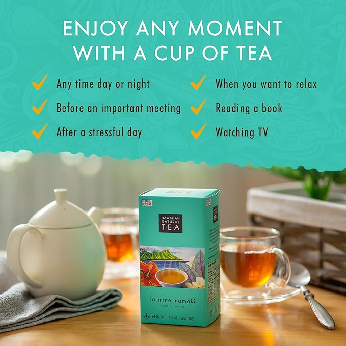 Hawaiian Natural Tea Organic Mamaki Jasmine Green Tea Blend - Antioxidant-Rich For Calming, Wellness, Bedtime, Anxiety & Stress - Gift for Special Ocassions, 20 Bags