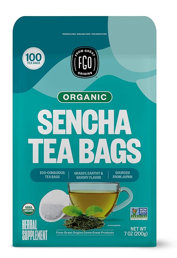 FGO Organic Sencha Green Tea, 100 Count, Eco-Conscious Tea Bags, Resealable Bag, Sourced From Japan, Packaging May Vary (Pack of 1)
