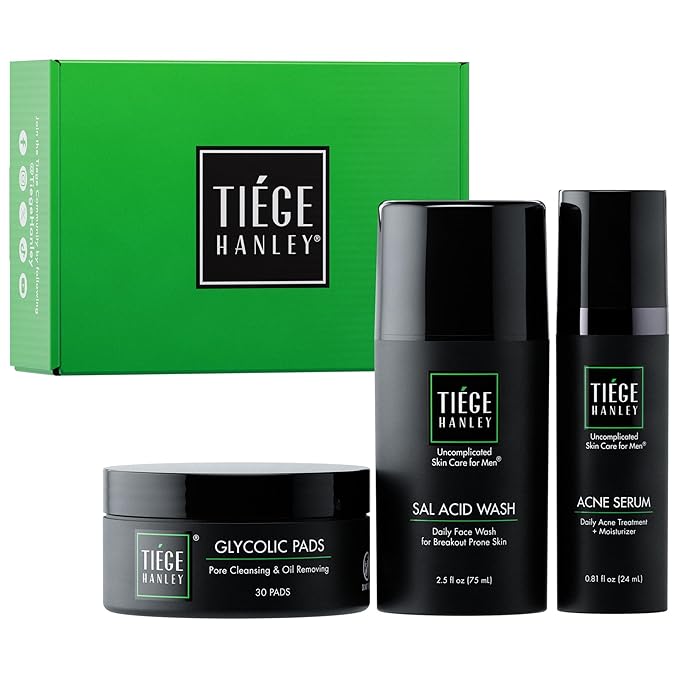 Tiege Hanley Men's Acne Treatment System (Level 1), TiegeClear Acne Essentials Routine for Smooth & Hydrated Skin - Includes Sal Acid Wash, Glycolic Acid Pads, and Acne Serum - All Skin Types