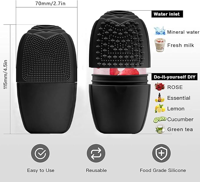 KOGITI Ice Mold for Face & Eye, Beauty Facial Roller, Puffiness Relief Massage Skin Care Tool, Ice Cube Holder (Brush-Black)