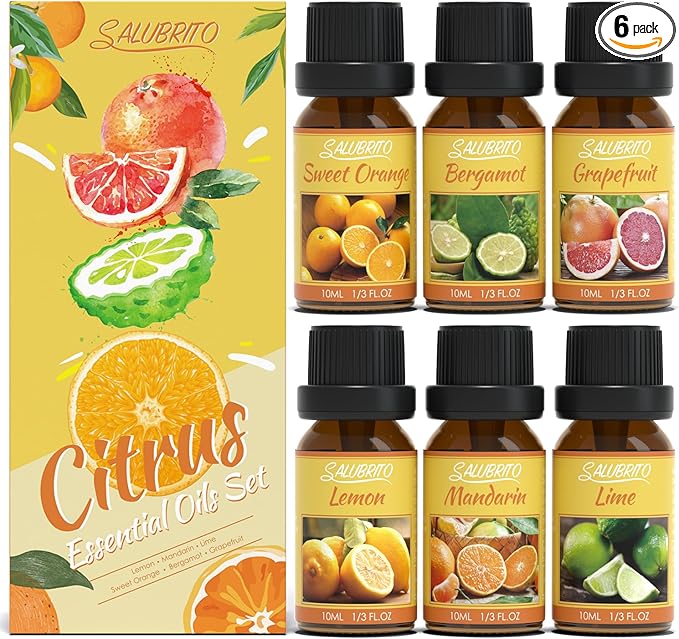 Salubrito Citrus Essential Oils Set for Diffuser, Fragrance Oil | Sweet Orange, Bergamot, Lemon, Grapefruit, Mandarin Orange, Lime Scented Oil for Soap Making, Candle Making