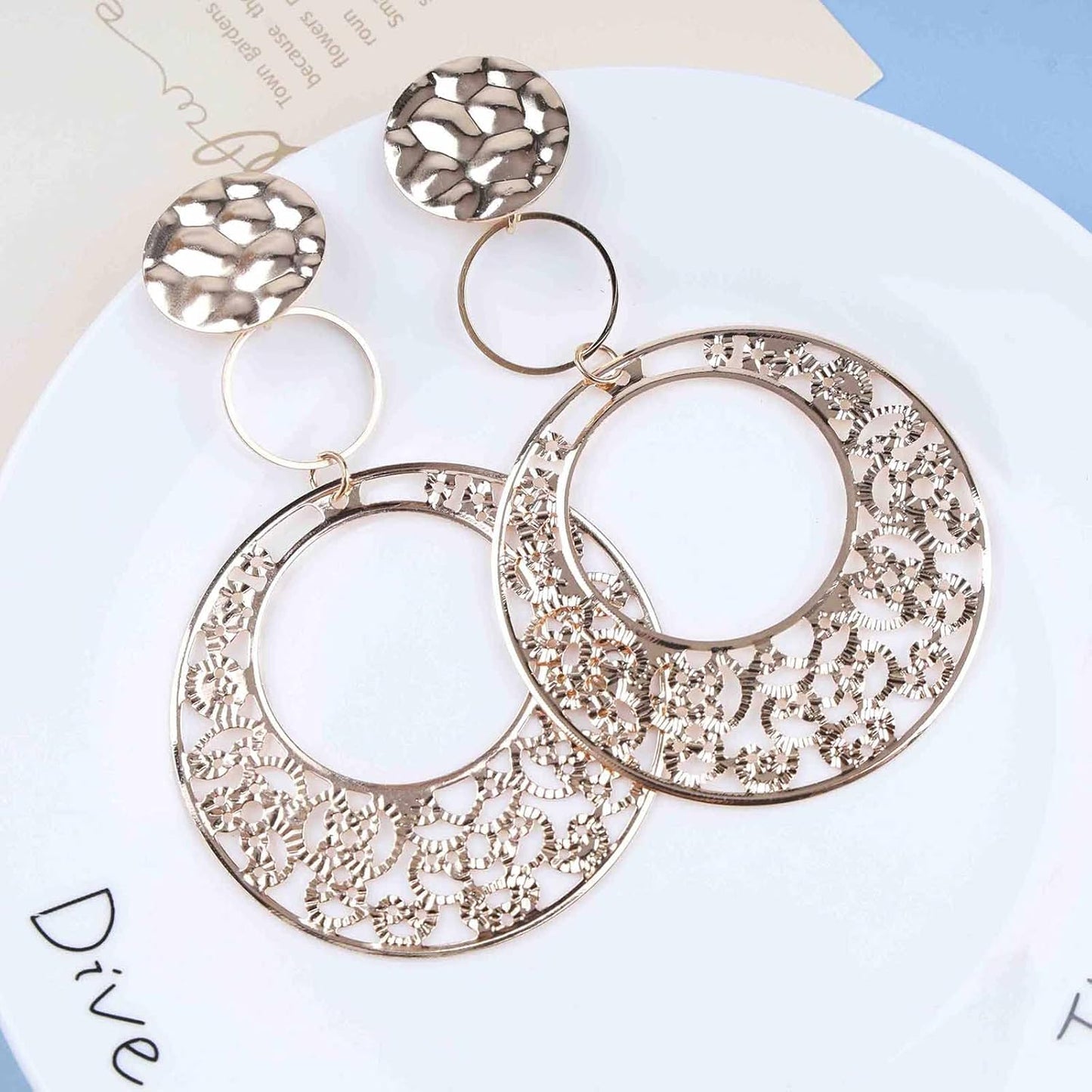 Boho Large Filigree Disc Dangle Earrings Stud Vintage Tribal Ethnic Hollow Carved Earrings Gold Geometric Floral Hoop Drop Earrings Statement Wedding Prom Earrings Jewelry for Women Girls