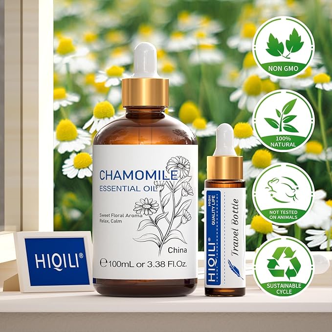 HIQILI 100ML Chamomile Essential Oil, Pure & Natural Chamomile Oil for Diffueser, Skin, Soap, Shampoo - 3.38 Fl Oz