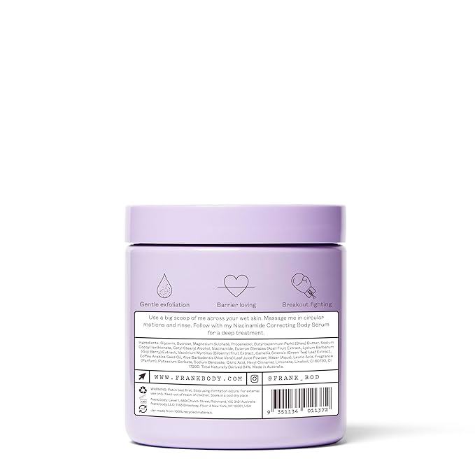Frank Body Niacinamide Body Scrub | Vegan, Cruelty Free, Gentle Exfoliating Body Scrub | Helps to Fight Breakouts and Dryness with Niacinamide, Superfood Berry Extracts, & Green Tea | 8.82 oz / 250 g
