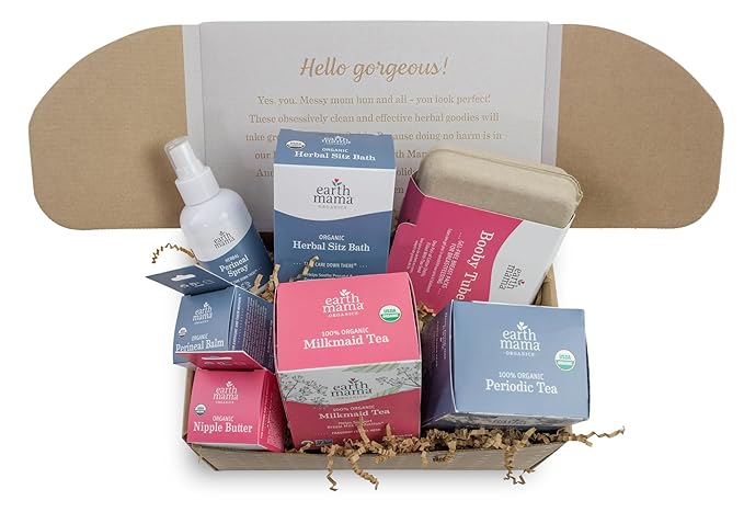 Earth Mama Postpartum Essentials Recovery Gift Set for Mom| Organic Self Care Gifts for Mom, Nipple Butter, Perineal Spray & Balm, Sitz Bath, Milkmaid & Periodic Tea and Booby Tubes, 7-Piece Set