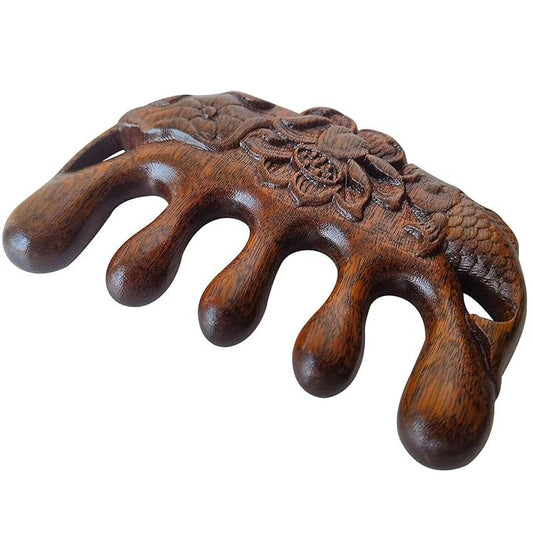 Wooden Massage Comb - 100% Natural Handmade Pure Wood Five-tooth Meridians Scalp Massager - No Static Wide Tooth Comb for Head - Scraping Massage Tool (Carving Style)