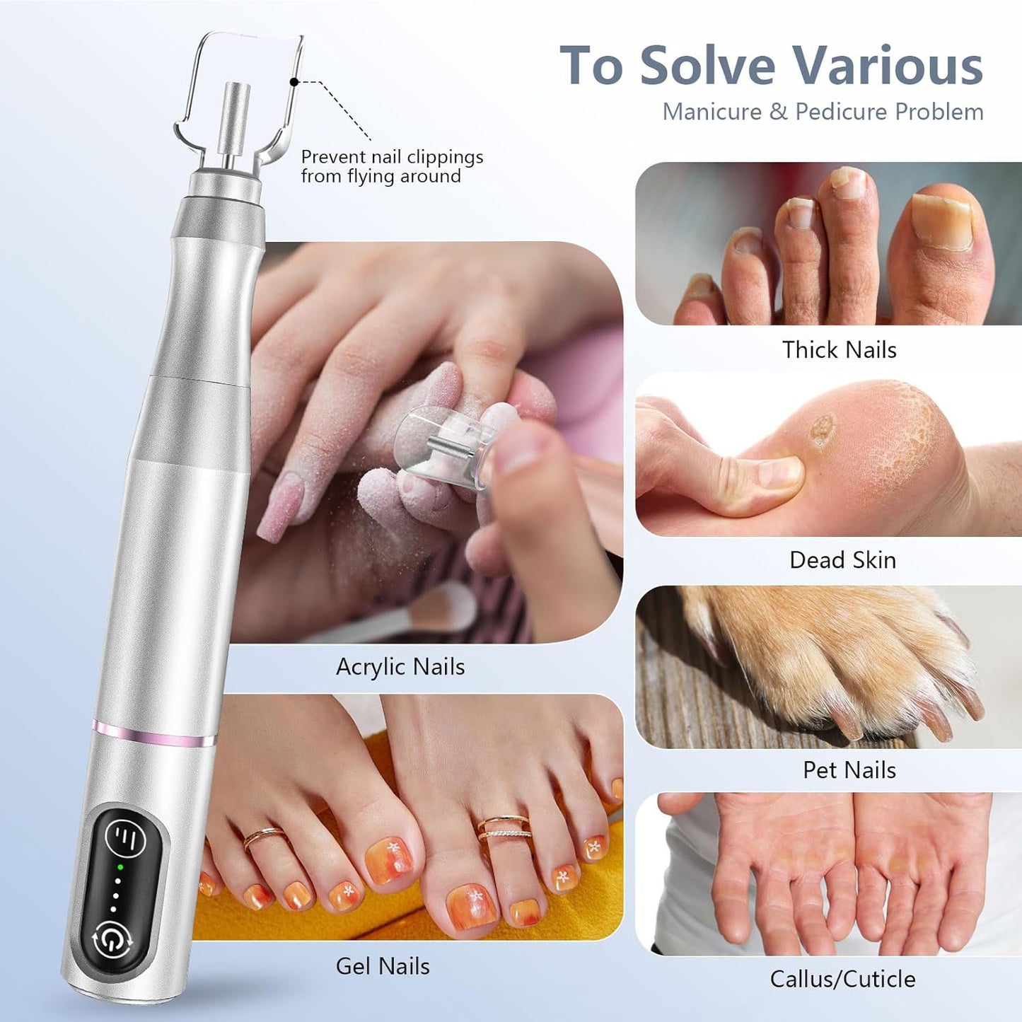 Cordless Nail Drill Electric Rechargeable File Kit, Professional Efile Acrylic Gel Nail Polish Remover Pedicure Manicure Machine Portable Set with 11 Bits 56 Sanding Bands for Salon (Silver)