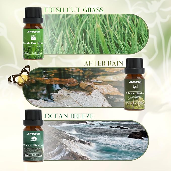 Spring Essential Oils Set, ARVIDSSON Natural Fragrance Oil for Diffuser, Candle Making - After Rain, Ocean Breeze, Fresh Cut Grass, Gardenia, Sweet Pea, Rose Sandalwood, Spring Scented Oil Gift Set