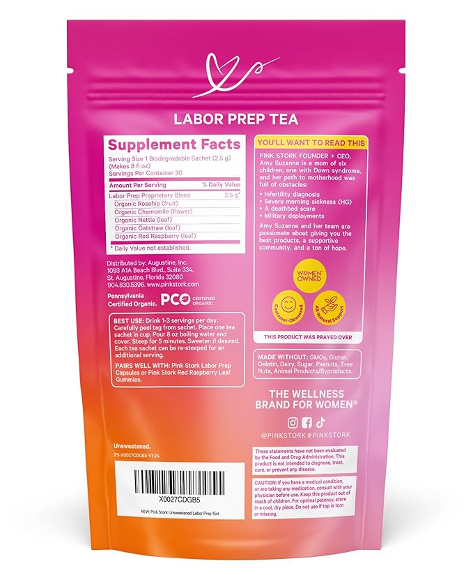 Pink Stork Organic Labor Prep Tea - Red Raspberry Leaf with Chamomile and Rosehip, Pregnancy Must Haves, Postpartum Essentials, Third Trimester - 15 Sachets