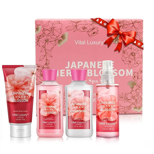 Bath & Body Kit, 3 Fl Oz Travel Size, Ideal Skincare Relaxing Home Spa Set, Includes Body Lotion, Shower Gel, Body Cream, and Fragrance Mist, Bath Gifts for Her and Him (Japanese Cherry