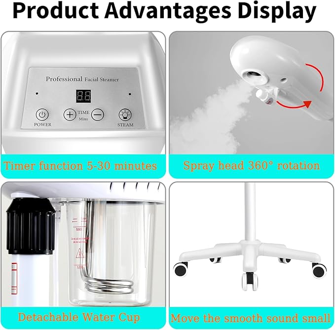 Professional Facial Steamer, Stand Ozone Face Steamer on Wheels, Adjustable Height and Angle,Estheticians Steamer More Steam,Hot Mist Facial Humidifier Atomizer for Spa Beauty, Home Use