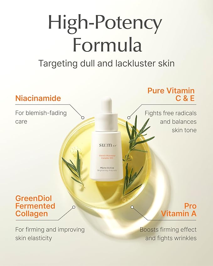 SU:M Micro-Active Calming Ampoule (0.5 fl oz) - Soothing Serum for Redness & Uneven Skin Texture, Provides Quick Relief for Sensitive Skin, Herbal Scent, Korean Skin Care