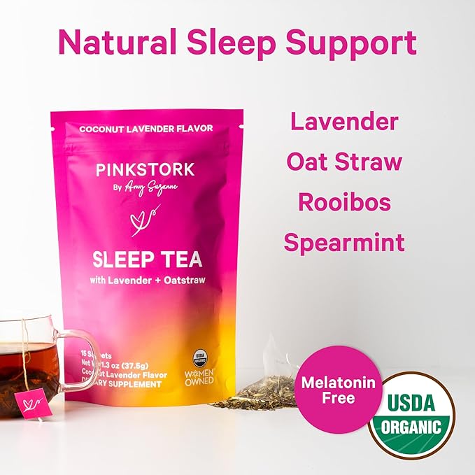Pink Stork Organic Sleep Tea - Melatonin-Free - Calming Lavender Coconut Herbal Tea to Naturally Support Sleep - Pregnancy Friendly Bedtime Tea, Caffeine-Free - 15 Sachets, Hot or Iced