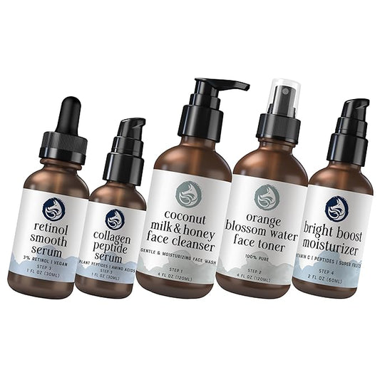 Complete Skincare Set: Retinol Serum, Peptide Collagen Serum, Milk & Honey Cleanser, Orange Blossom Toner, Bright Boost Moisturizer