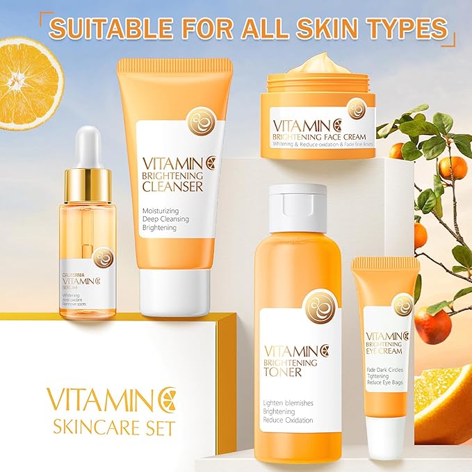 Vitamin C Skincare Set for Teenage Girls 5 In 1 Hydration Facial Skincare Gift Set with Cleanser,Toner,Face Serum,Eye Cream,Face Cream,Travel Size Skin Care Products Set for Women