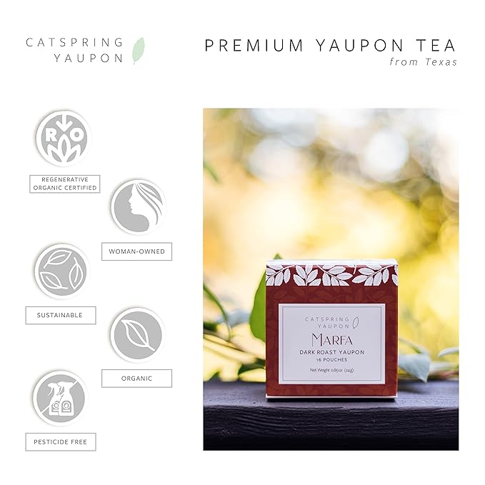 CatSpring Marfa Dark Roast Black Yaupon Tea - Naturally Caffeinated Texas Tea, Individually Packed Herbal Teabags, 16 Bags per Box