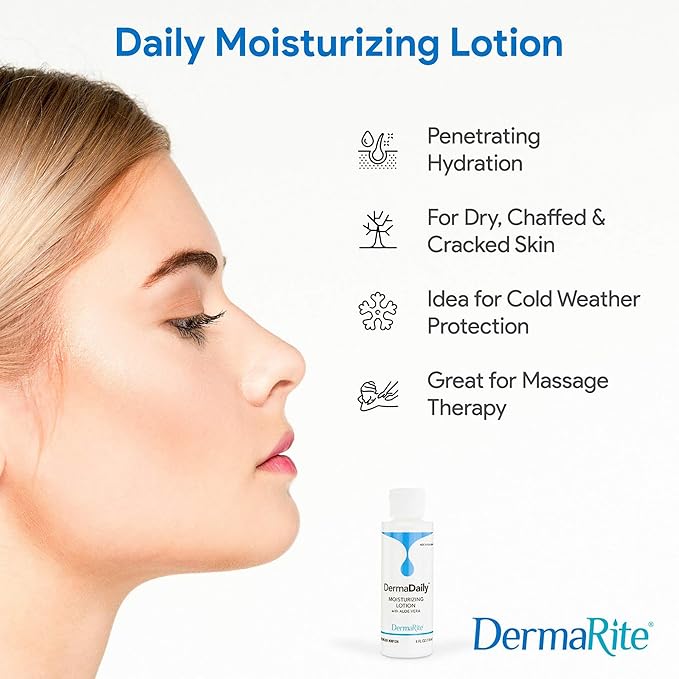 DermaRite's DermaDaily Moisturizing Lotion for Hand and Body - Daily Use Skin Moisturizer with Aloe Vera, Non-Greasy Formula - 7.5 oz. Bottle, 48 Count