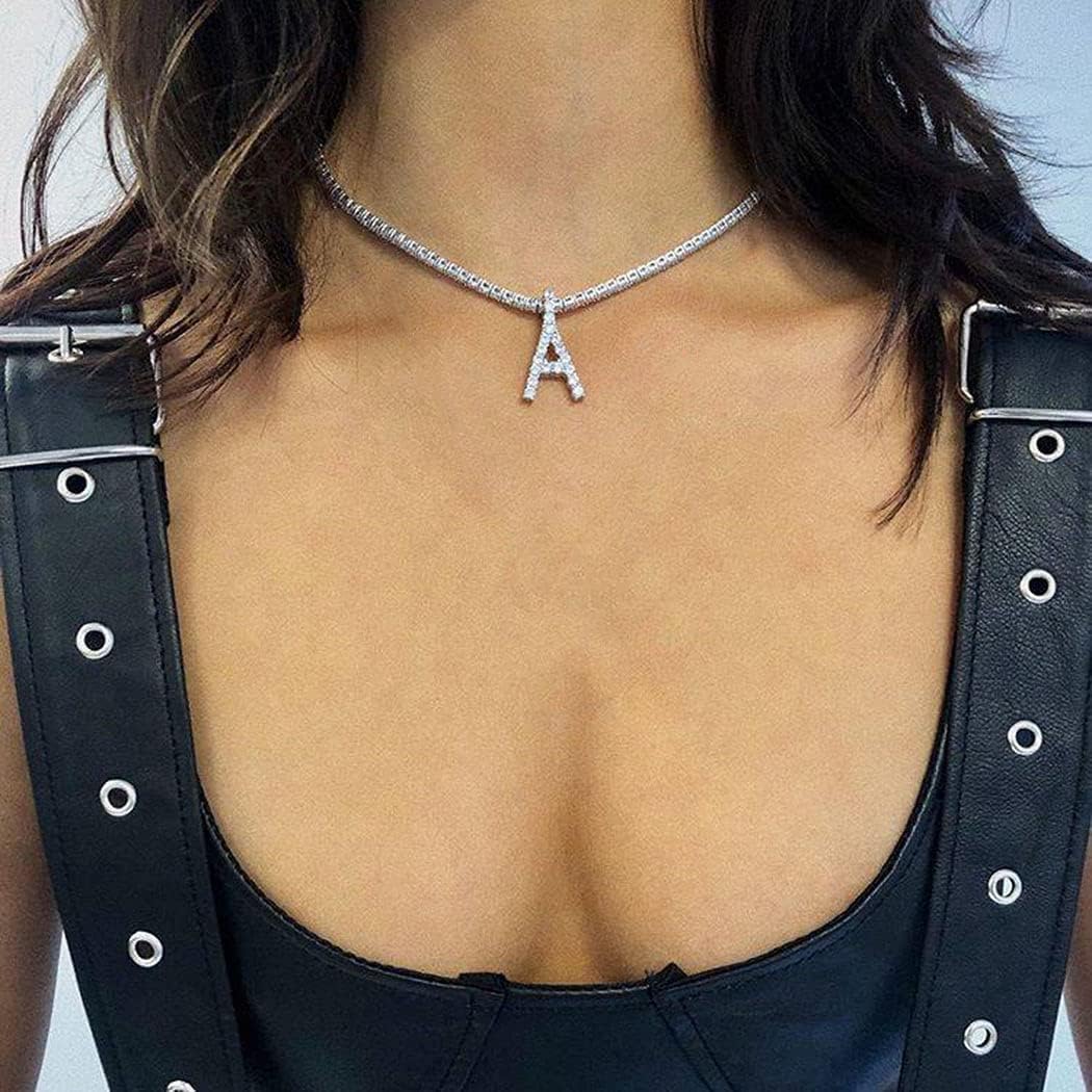 Silver Choker Necklace Rhinestones Shinning Letter M Fashion Letter A Sparkly Letter S Jewelry for Women Girls
