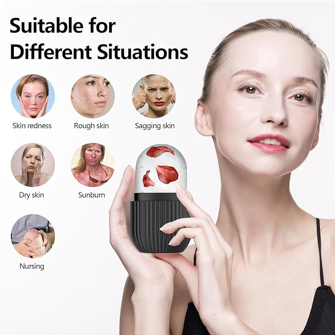 Ice Roller for Face and Eye, Silicone Ice Facial Roller Ice Holder, Face Ice Mold Skin Care, Face Icers Reusable Ice Cube Roller for Shrink Pores Anti Wrinkle Reduce Puffiness, Black