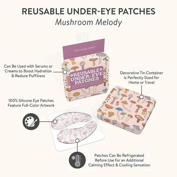 Studio Oh! Reusable Under-Eye Patches, Puffy Eyes Treatment and Under Eye Masks Skincare, 100% Silicone Eye Patches, Pairs with Favorite Serums or Creams, Mushroom Melody