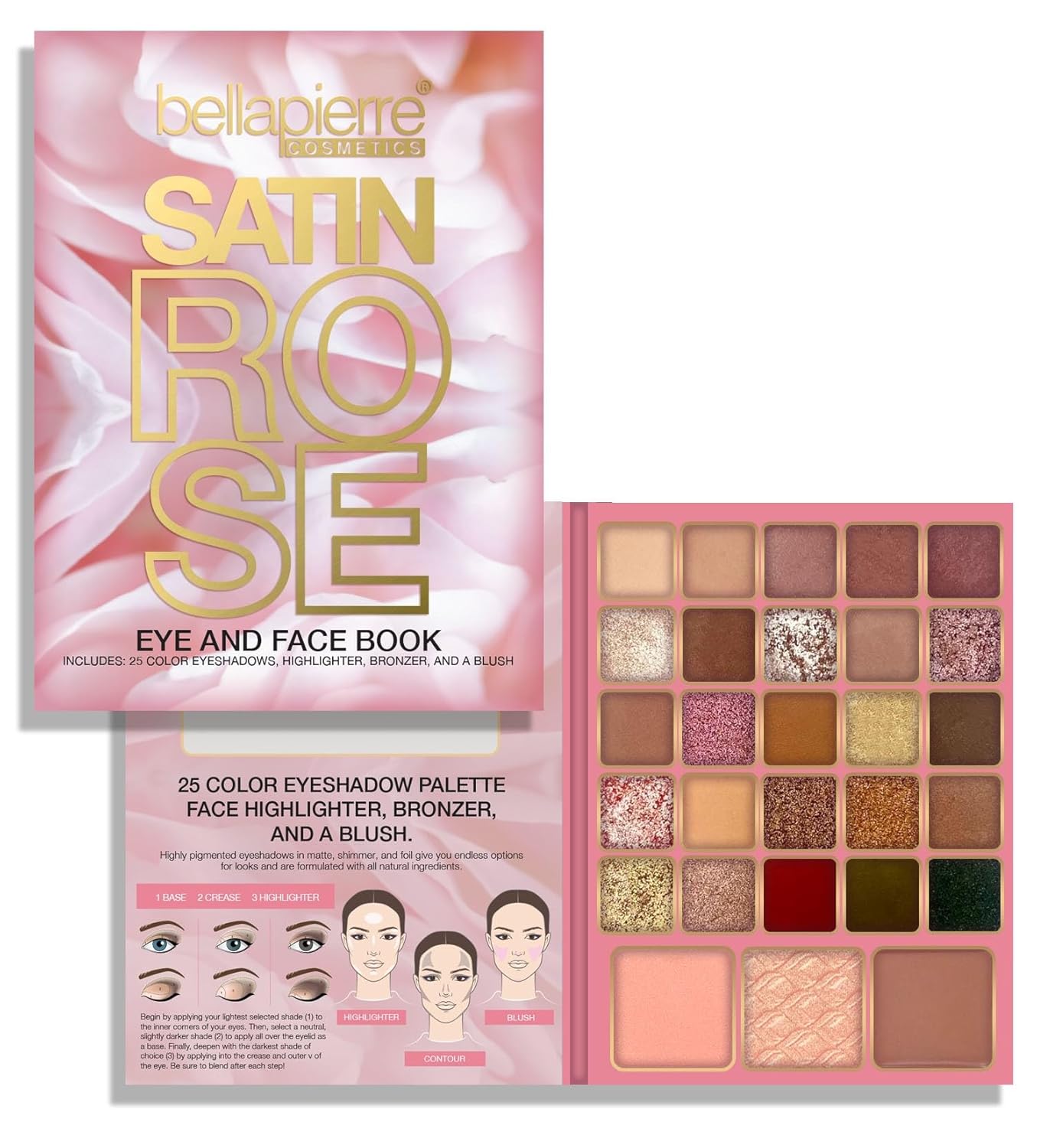 Bellapierre Satin Rose Face & Eye Book Palette | 25 Eyeshadow Shades with Blush, Bronzer, & Highlighter | Non-Toxic & Paraben Free | Vegan & Cruelty-Free