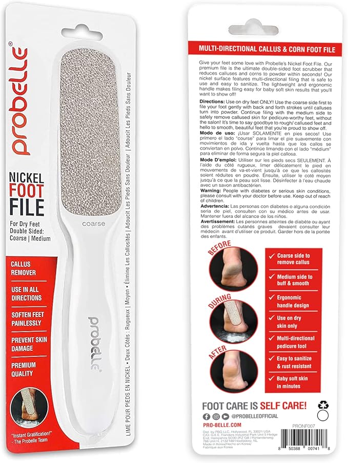 Probelle Double Sided Multidirectional Nickel Foot File Callus Remover - Immediately Reduces calluses and Corns to Powder for Instant Results, Safe Tool (White)