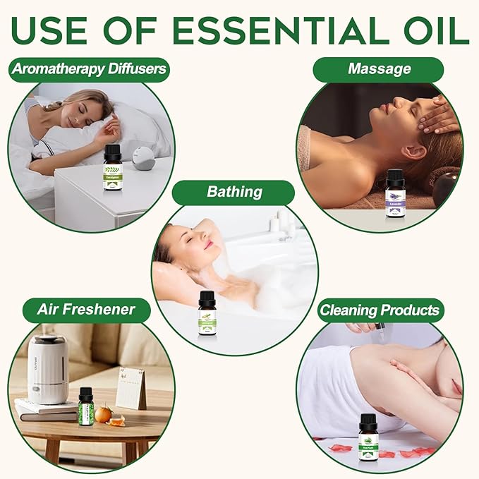 Essential Oils Set - Top 6 Aromatherapy Oils Gift Set, 6 Pack, 10ml (Peppermint, Tea Tree, Lavender, Eucalyptus, Lemongrass, Orange) for Diffusers, Home Fragrance, Massage