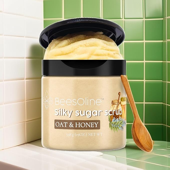 Sugar Scrub by BeesOline - Premium Fine Cane Sugar | OAT& & HONEY - Extra Large 20 oz, Convienent Flip-Top Lid, Organic Sunflower Oil & EXTRA VIRGIN COCONUT OIL for Smooth Gentle Exfoliation