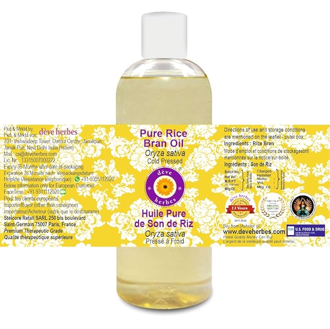 Deve Herbes Pure Rice Bran Oil (Oryza Sativa) Cold Pressed 200ml (6.76 oz)