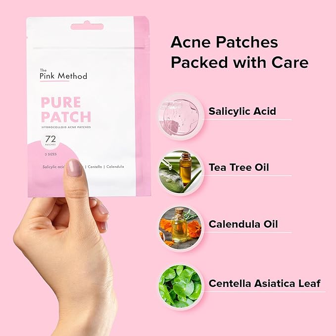 The Pink Method Pure Patch Hydrocolloid Pimple patches for face with Salicylic Acid Tea Tree Centella Calendula Acne Patch Zit Stickers Blemish Spot cover | 3 Sizes| 72 Count