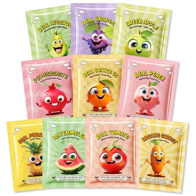 Kaely 10 Pack Fruit Face Masks for Kids, Kids Face Mask Spa Day kit Supplies, Spa Party Favors for Teens Girls Women, Sheet Facial Mask Skincare Gifts Set, Moisturize Soothe for All Skin Types, 01