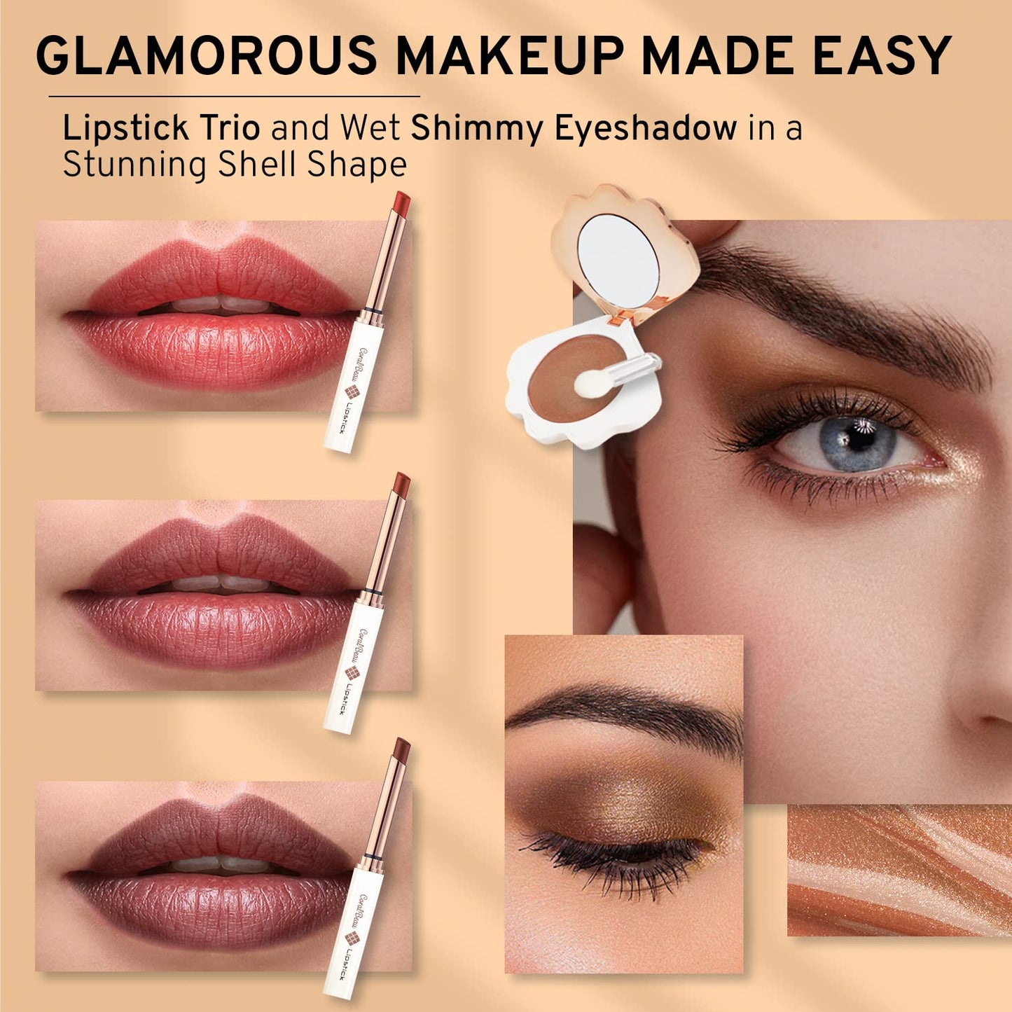 Shell Makeup Set - All in One Makeup Kit for Women with Compact BB Cream Powder, Eyeshadow Palette with Brown Shades, Eye Shadow Brush, Mascara, 3 Lipsticks, Necklace - Make Up Gift Set Box