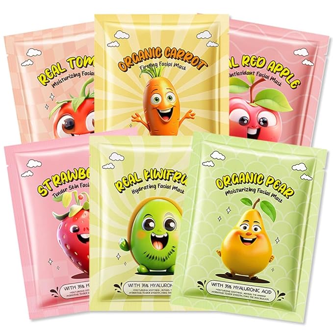 Kaely 6 Pack Fruit Face Masks for Kids, Kids Face Mask Spa Day kit Supplies, Spa Party Favors for Teens Girls Women, Sheet Facial Mask Skincare Gifts Set, Moisturize Soothe for All Skin Types, 02