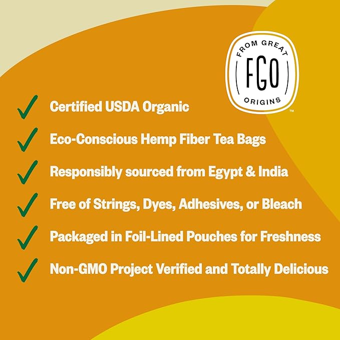 FGO Organic Lemon Ginger Tea, 20 Count, Eco-Conscious Herbal Tea Bags, Resealable Bag, Caffeine Free, Packaging May Vary (Pack of 1)