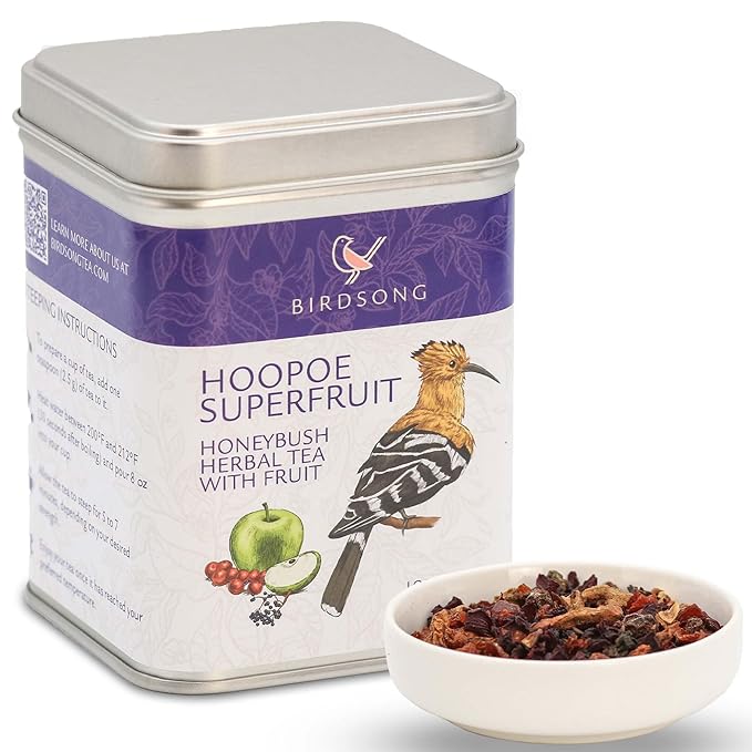 Birdsong Hoopoe Superfruit: Honeybush Herbal Tea, 100% Organic Caffeine Free Tea with Natural Sweet and Fruity Flavor, Honey bush Decaffeinated Loose Leaf for Men Women Children