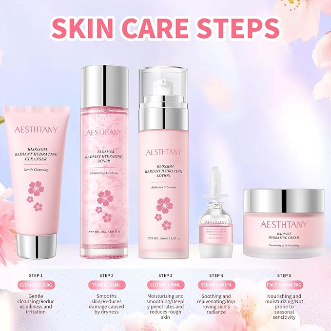 Skin Care Set For Women Moisturizing Rejuvationg Cherry Blossom Skin Care For Women Daily Skin Care Routine(8 Piece Set)
