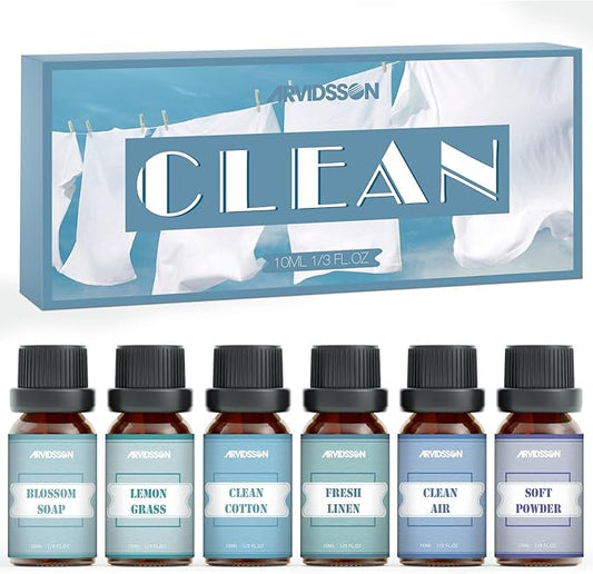 Clean Essential Oils Set, ARVIDSSON Natural Fragrance Oil for Diffuser, Soap Making - Clean Cotton, Fresh Linen, Lemongrass, Soft Powder, Blossom Soap