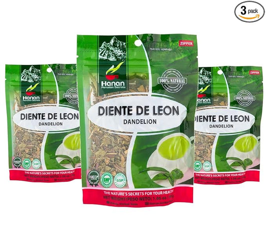 Hanan Dandelion Loose Herb Tea 3.2oz (90g Diente de Leon) - Pack of 3 Pouches with 30 Grams Each of All-Natural Dandelion Root Flower Plant Leaves from Peru