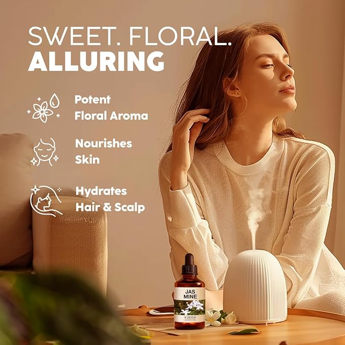 Kukka Jasmine Essential Oil for Diffuser - 4 Fl Oz - 100% Pure Natural Jasmine Oil for Skin, Hair & DIY Soap Making Scents - A Great Relaxing Floral Addition for Hair Care & Perfume