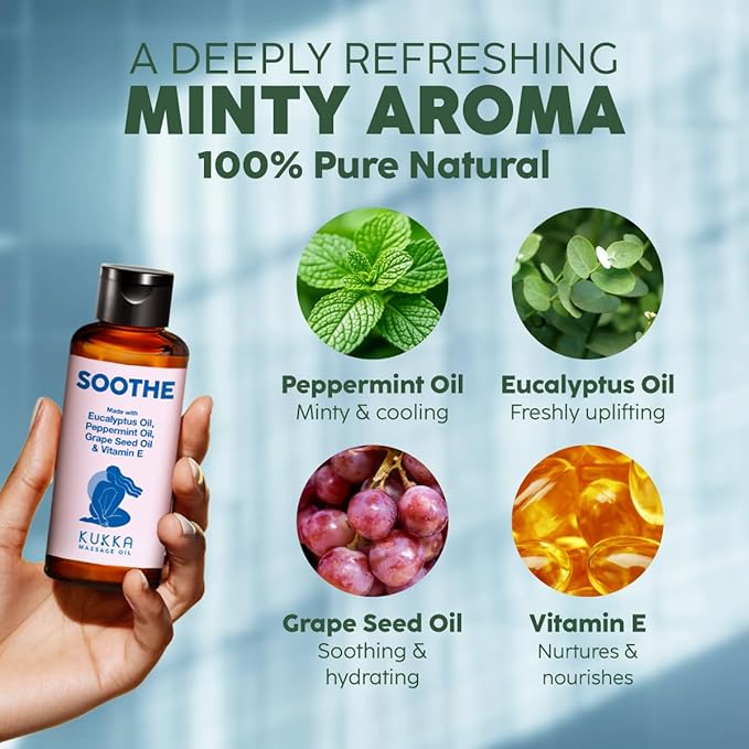 Kukka Soothe Massage Oil for Massage - 3.38 Fl Oz - 100% Pure Natural, Warming for Women & Men with Eucalyptus, Peppermint, Grapeseed & Vitamin E