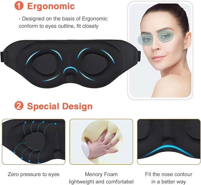 Sleep Eye Mask for Men Women 3D Contoured Cup, Concave Molded, Block Out Light, Molded Soft Comfort Eye Shade with Adjustable Strap (KT-Black, 1 Count (Pack of 1))