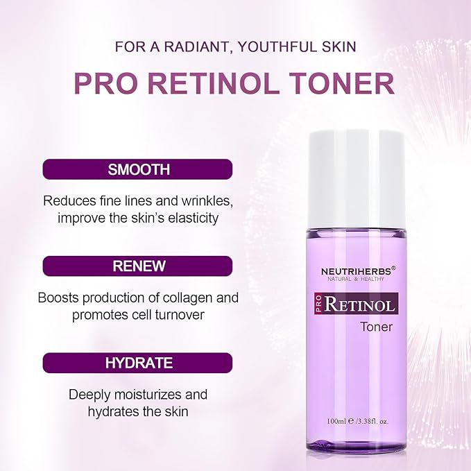 NEUTRIHERBS PRO Retinol Toner for Anti-Aging & Reducing Fine Lines and Wrinkles, with Panthenol, Peptides, and Hyaluronic Acid, Alcohol Free – 3.38 fl. Oz.